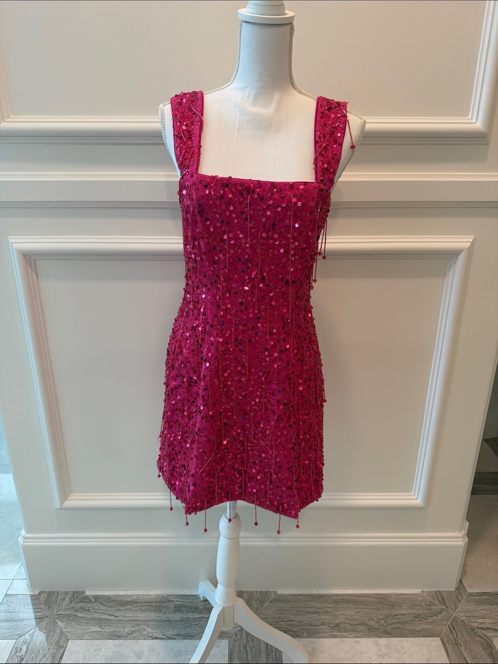 Fuchsia Sequin Embellished Square-Neck Mini Dress
